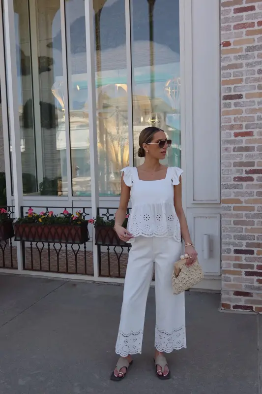 Taytum White Eyelet Cut Out Wide Leg Pant