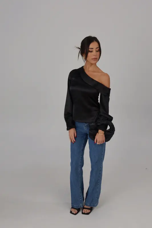 Black Satin Off Shoulder Long Sleeve Top